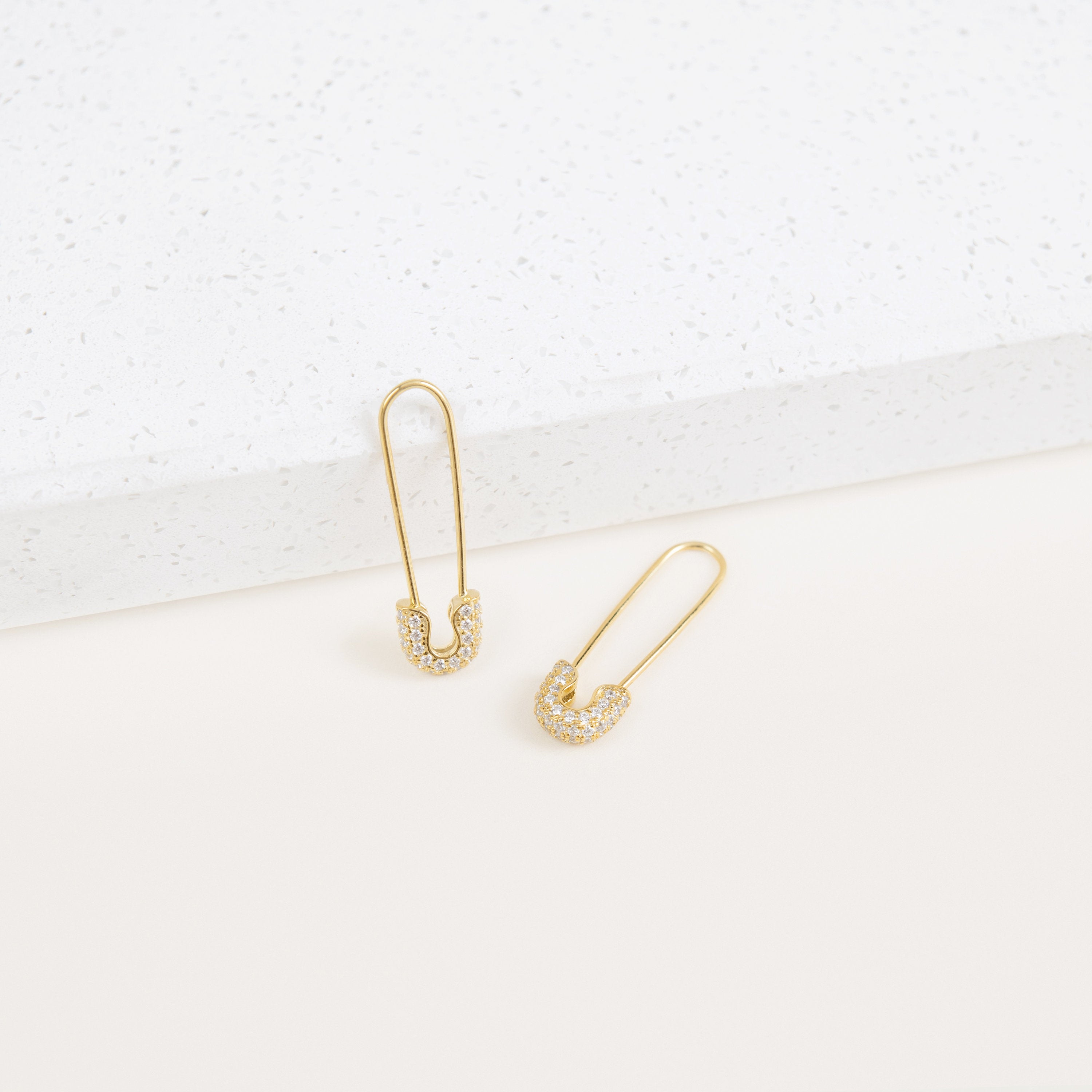 Pave Safety Pin Earrings 18K Gold